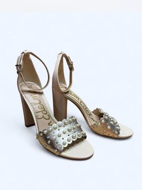 Sam Edelman Yaria Pearl Studded Block Heels in Gold and Cream